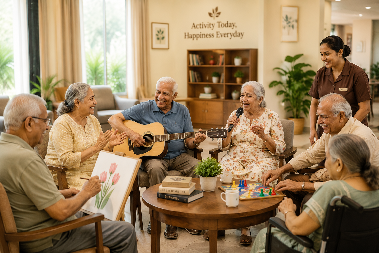 Senior residents enjoying a calm, family-oriented common area
